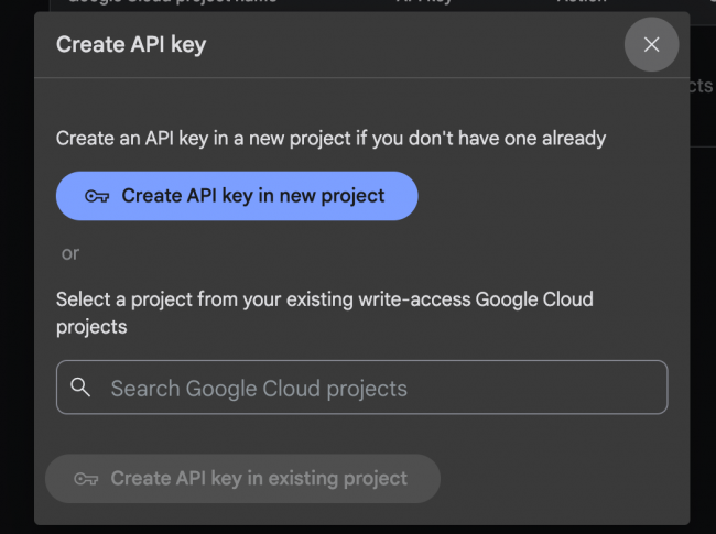 Google AI Studio Create API Key for new project dialog